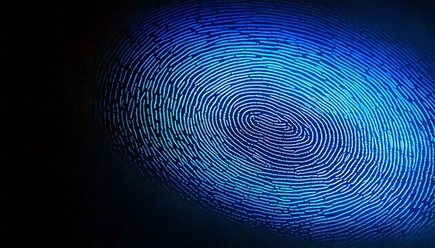 Close-up of a human fingerprint under blue forensic light, revealing intricate ridge patterns and textures, with soft shadows and an empty space