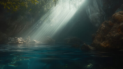 Obraz premium Light Beams Penetrate a Serene Underwater Cave Creating a Tranquil and Mystical Atmosphere in a Hidden Natural Oasis
