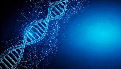 Futuristic glowing DNA strands interconnected by blue energy pulses, isolated on a dark gradient background with a large empty space for text