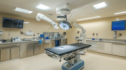 High-tech surgery room with robotic surgical arms positioned over an empty operating table, sterile and clean.