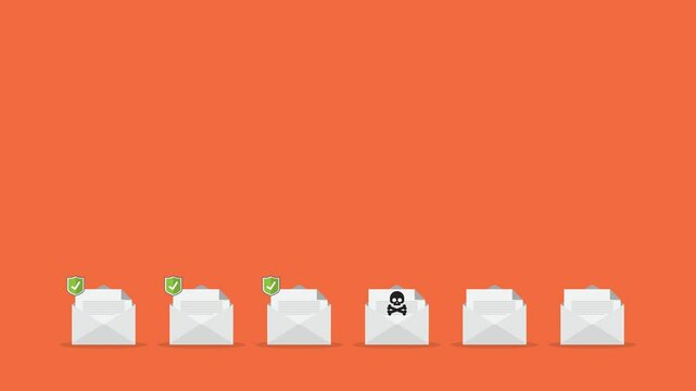 Email envelope with black document and skull icon. Virus, malware, email fraud, e-mail spam, phishing scam, hacker attack concept.