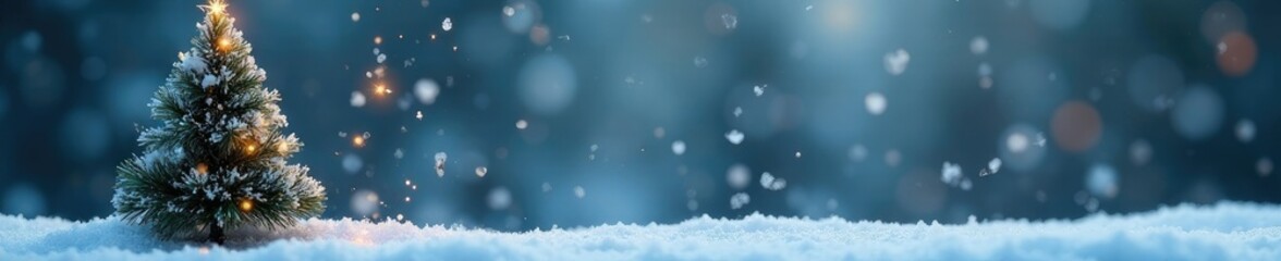 Snowflakes gently falling around a small Christmas tree, snow, christmas, frosty