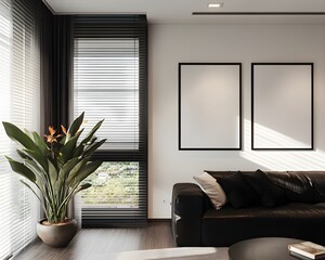 A modern living room with two blank poster frames on the wall, white walls, black furniture, minimalist decor, soft lighting, a large window, a neutral color palette, clean lines, and simple 