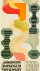 Abstract geometric art with colorful curves and shapes.