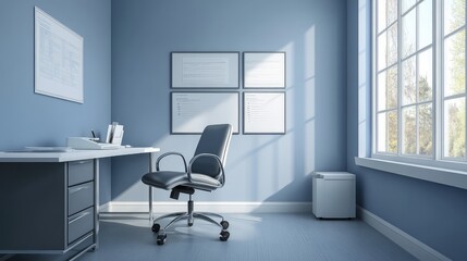 Minimalist consultation room with a modern desk, medical charts, and neutral tones, professional healthcare background.