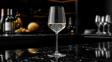 Sparkling wine glass, bar, bubbles, dark, counter, fruit, bottles, luxury, drink, menu
