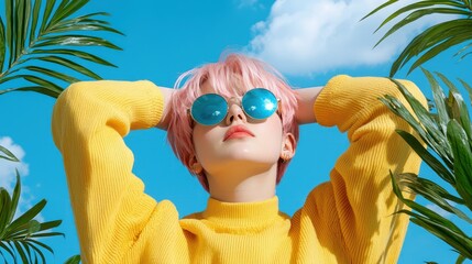 A person with pink hair and sunglasses poses in a bright setting surrounded by palm leaves.