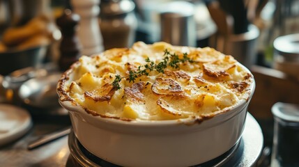 Homecook Creates Delicious Potato Gratin Cozy Kitchen Professional Photo Inviting Atmosphere Close-Up View Culinary Delight