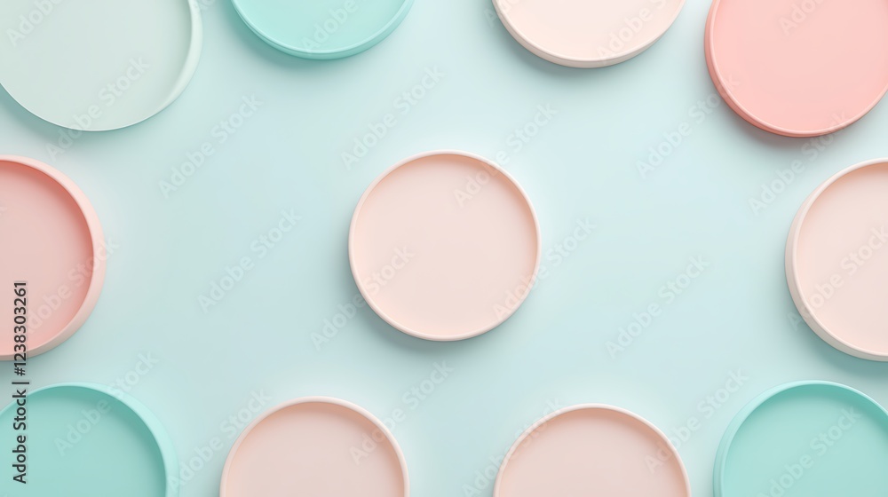 Poster soft pastel colored plates arranged in circular patterns on a light background for creative design p