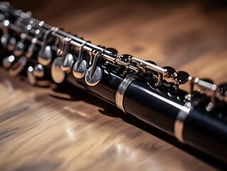 Obraz premium A premium oboe with a sleek black body and silver keys resting elegantly on a polished surface
