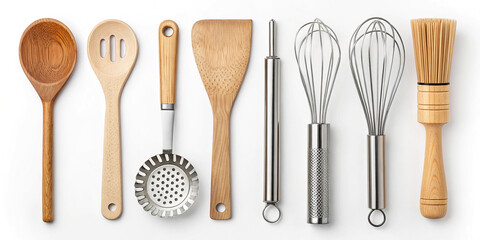 An Assorted Collection of Kitchen Utensils Isolated on a White Background, Ideal for Culinary Uses