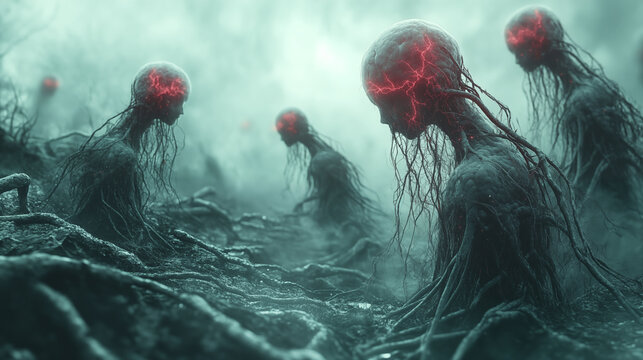 Mysterious humanoid figures with glowing red cores in foggy environment, depicting artificial intelligence concept