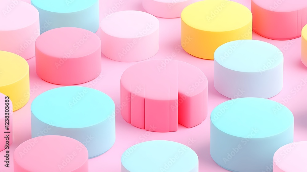 Poster soft pastel geometric shapes arranged in a playful pattern on a smooth surface