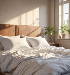 Soft focus bedroom scene with a comfortable bed and white pillows illuminated by warm morning sunlight, gentle, relaxation