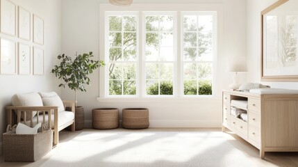 Bright nursery room with large windows, natural light, wooden furniture, and plants.