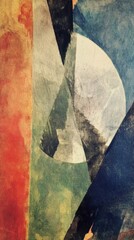 Abstract geometric composition with colorful overlapping shapes and textures.