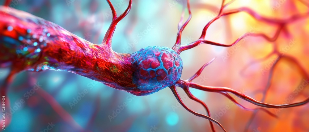 Poster an abstract representation of neurons, showcasing vibrant colors and intricate details of neural con