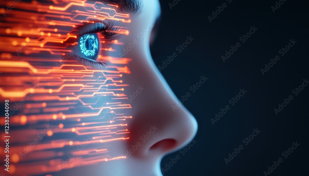 Poster an artistic representation of a human face blended with digital circuit patterns, symbolizing the fu
