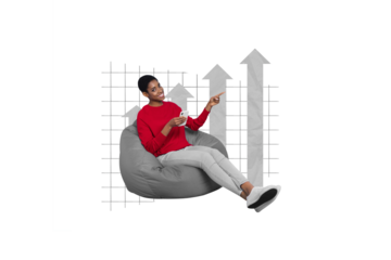 Image poster collage artwork picture of happy man businessman sitting pouf showing gesture chart diagram isolated on drawing background