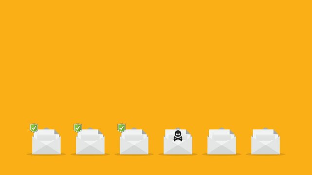 Email envelope with black document and skull icon. Virus, malware, email fraud, e-mail spam, phishing scam, hacker attack concept.