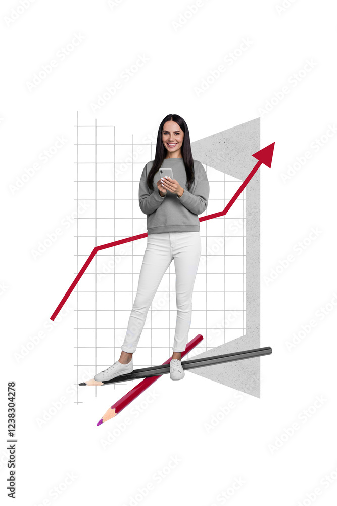Poster poster image creative pinup pop 3d collage of smiling positive lady using phone analyzing statistic 