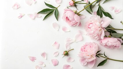 Soft pink peony flowers scattered on a white background with gentle, delicate petals and soft green leaves, feminine decor, blooming plants, spring flowers