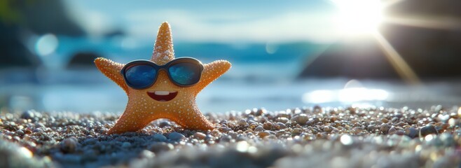On a sunny beach day, a starfish in stylish sunglasses enjoys the warm sun, embracing the carefree spirit of summer, filled with joyful moments that create lasting, cherished memories