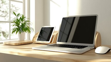 Fototapeta premium Minimalist office desk with a wireless mouse, laptop, and tablet, providing ample space for office technology content.