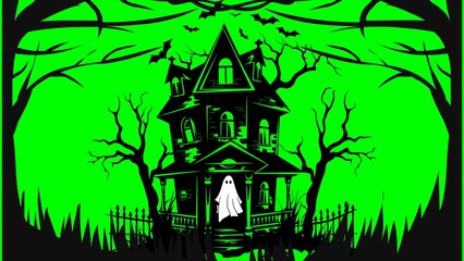 Halloween Horror Silhouette Background, Horror House on green background
