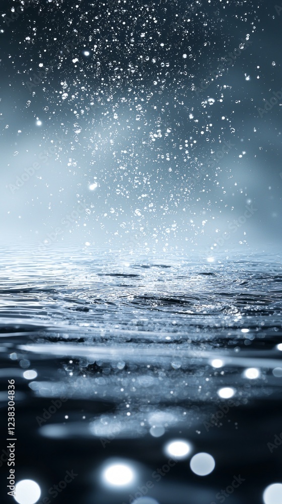 Poster gentle droplets cascade from above, creating ripples on a tranquil water surface. the soft light enh