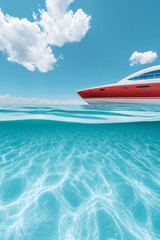 A cinematic low-angle capture where the yacht&acirc;&euro;&trade;s gleaming hull contrasts against a brilliant expanse of ocean, cotton-like clouds drifting above,