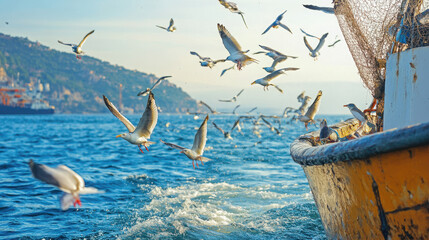 Seagulls flock around a fishing boat in a serene coastal setting.