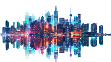 Toronto skyline reflecting at night with transparent background