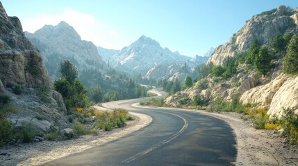 Fototapeta premium 76.A clear, smooth asphalt road leading through a mountainous area, with rocky hills and dense forests on either side. The road is freshly paved, winding through the terrain with gentle curves and