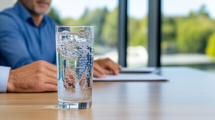Glass of sparkling water on meeting table with blurred background