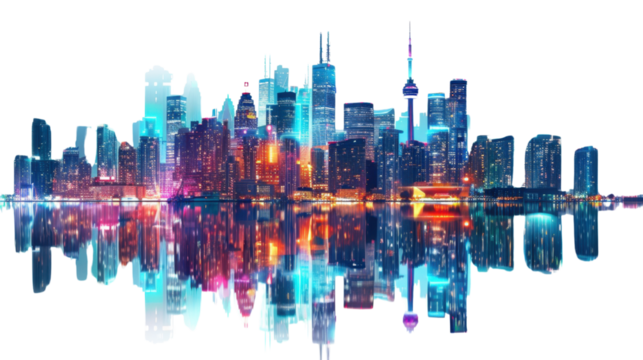 Toronto skyline reflecting at night with transparent background