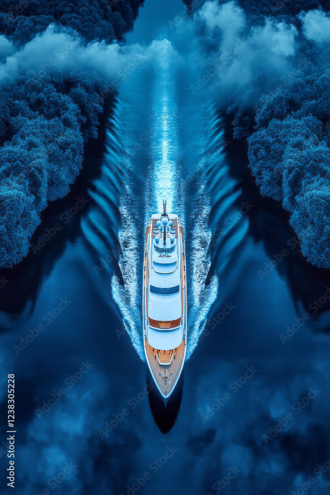Poster a dynamic angled shot featuring the yachtâ€™s bow slicing through tranquil waters, framed by small c