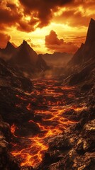 Fototapeta premium volcanic land glowing with intense molten lava flow image