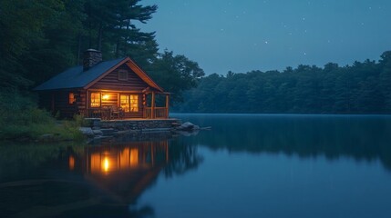 Fototapeta premium Lakeside Log Cabin: Serene Nighttime View