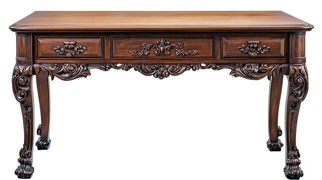 A large wooden table with ornate carvings and three drawers