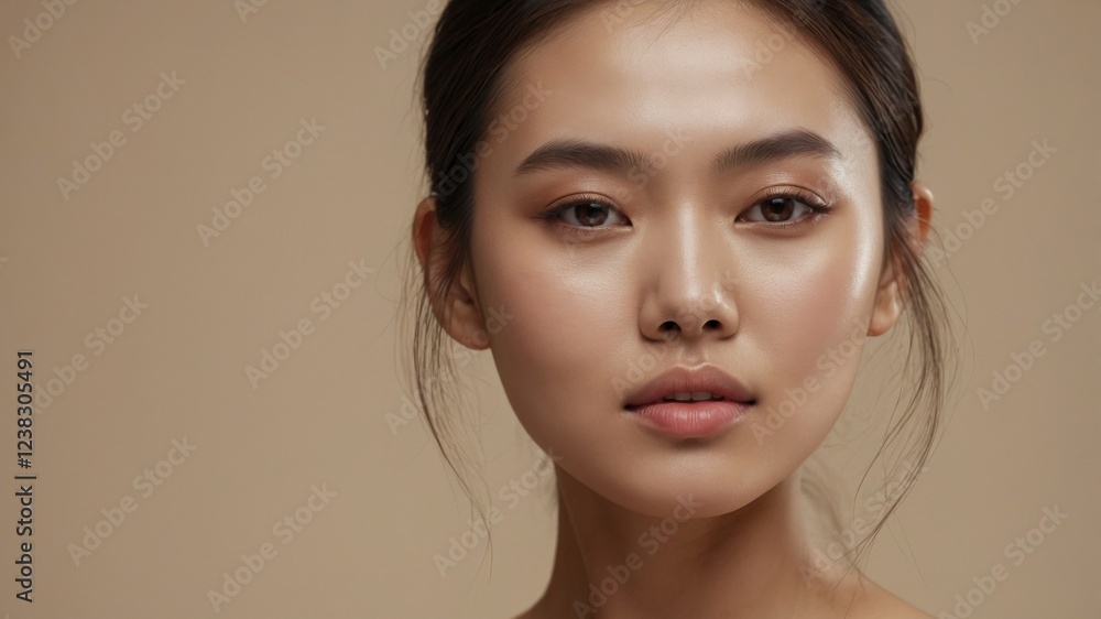Poster close-up portrait of a woman with elegant features and subtle expression in a neutral setting showca