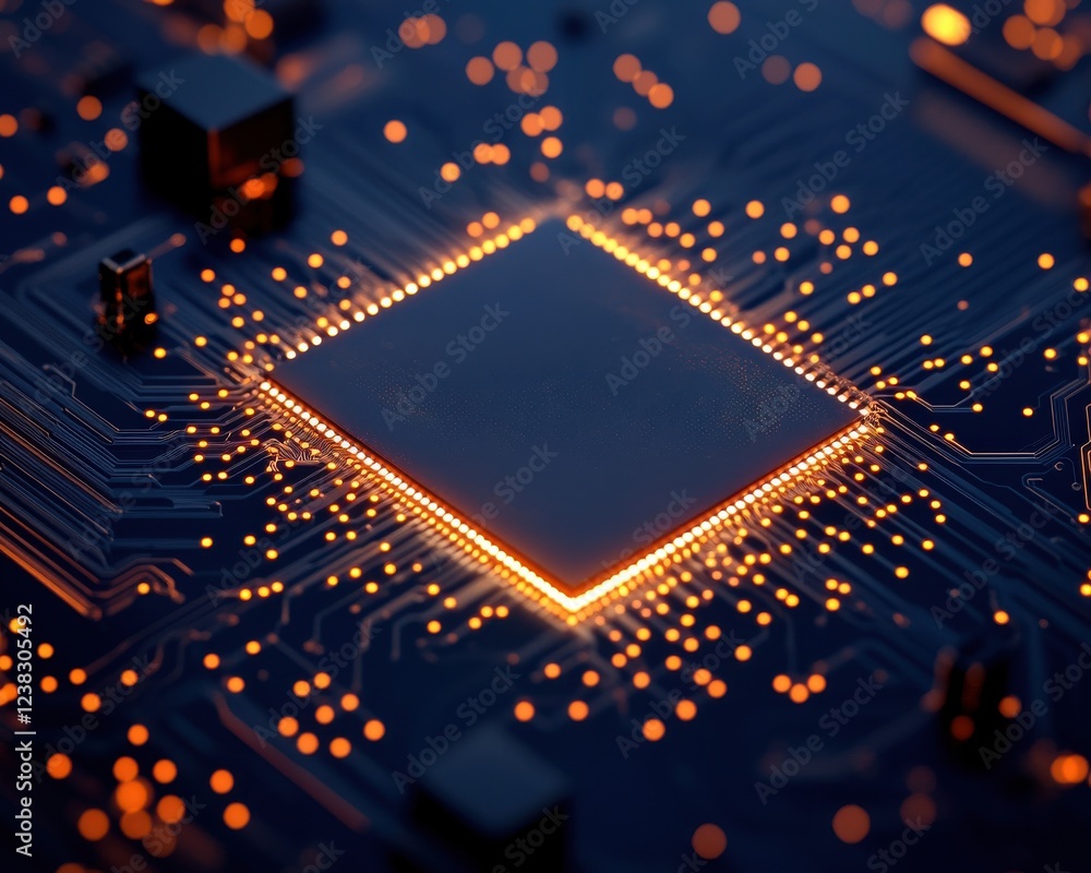 Poster close-up of a microchip showcasing intricate circuitry and glowing connections, symbolizing modern t