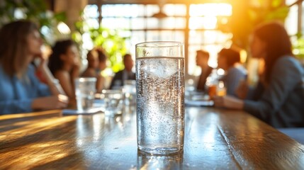 Close-up of sparkling water on table in sunlit office meeting room © EvgeniiasArt