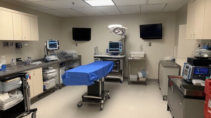 Operating room setup with a clean surgical table, advanced medical monitors, and sterile blue drapes, ready for a procedure.