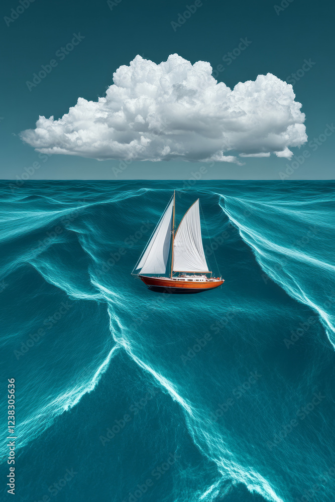 Poster a refined high-resolution capture focusing on waves gently rolling by, the yacht anchored in the mid