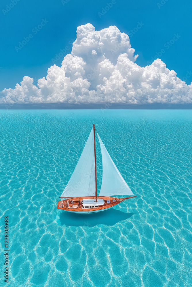 Poster a refined high-resolution capture focusing on waves gently rolling by, the yacht anchored in the mid