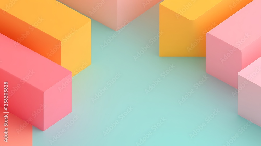 Poster vibrant geometric shapes in pastel colors arranged on a soft gradient background for modern design c