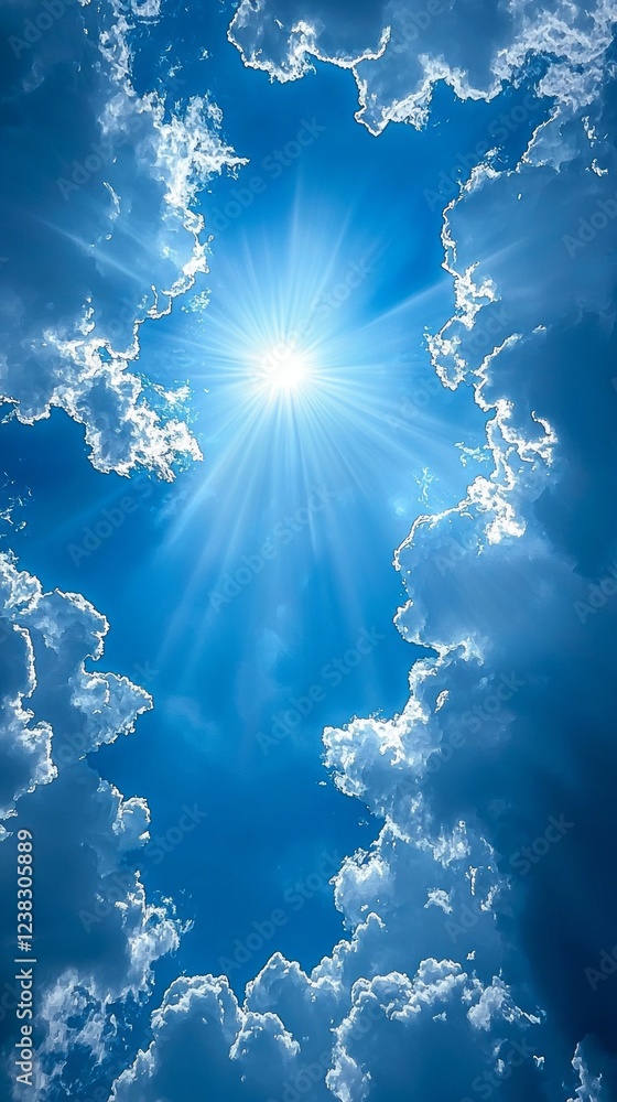 Aufkleber A dazzling sun radiates its golden rays as it shines through soft white clouds, creating a peaceful and uplifting atmosphere in the midday sky, inviting calm reflection