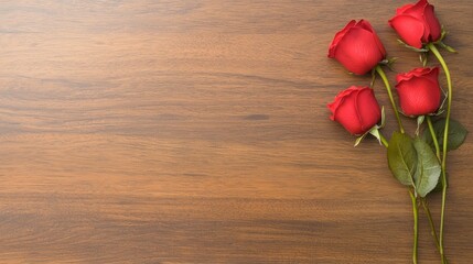 Vibrant red roses, a captivating still life of three blooms on rustic wood three