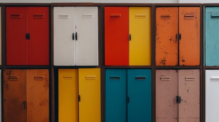 Colorful metal lockers in a row on a white wall.